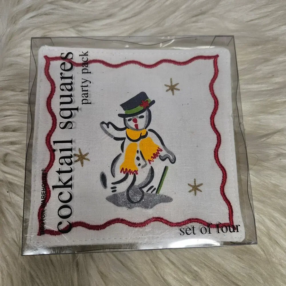 New Boston Warehouse Set of 4 Cocktail Squares Party Pack Christmas Snowman